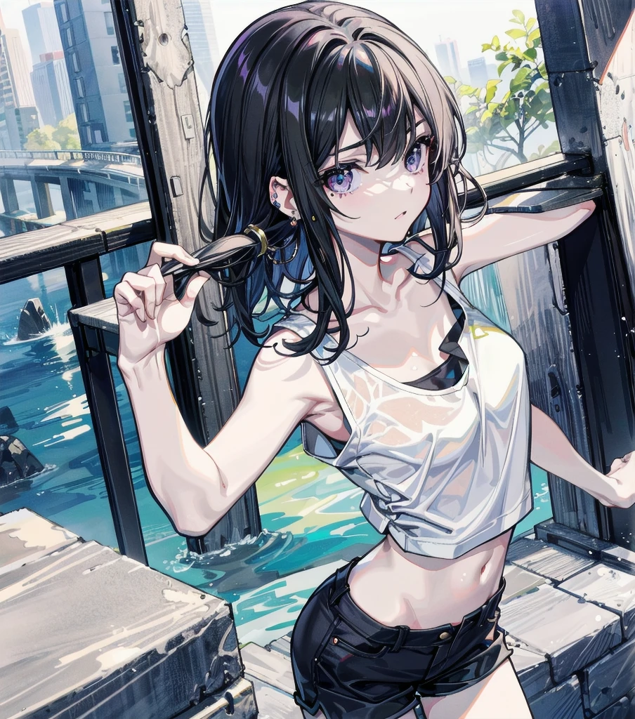 full body, RAW photo, extremely delicate and beautiful, masterpiece, Best Quality, ultra high resolution, 16k, hyperrealistic, realistic, photorealistic, photo-realistic, ultra-detailed, detailed description, pale skin, in her 20s, very Slim body, narrow waist, very small head, very small face, delicate facial features, big tits, medium hair, black hair, tearful mole, earring, t-shirt, tank top, Hot Pants,