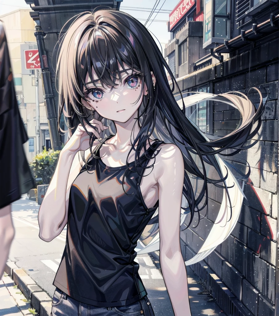 full body, RAW photo, extremely delicate and beautiful, masterpiece, Best Quality, ultra high resolution, 16k, hyperrealistic, realistic, photorealistic, photo-realistic, ultra-detailed, detailed description, pale skin, in her 20s, very Slim body, narrow waist, very small head, very small face, delicate facial features, big tits, medium hair, black hair, tearful mole, earring, t-shirt, tank top, Hot Pants,