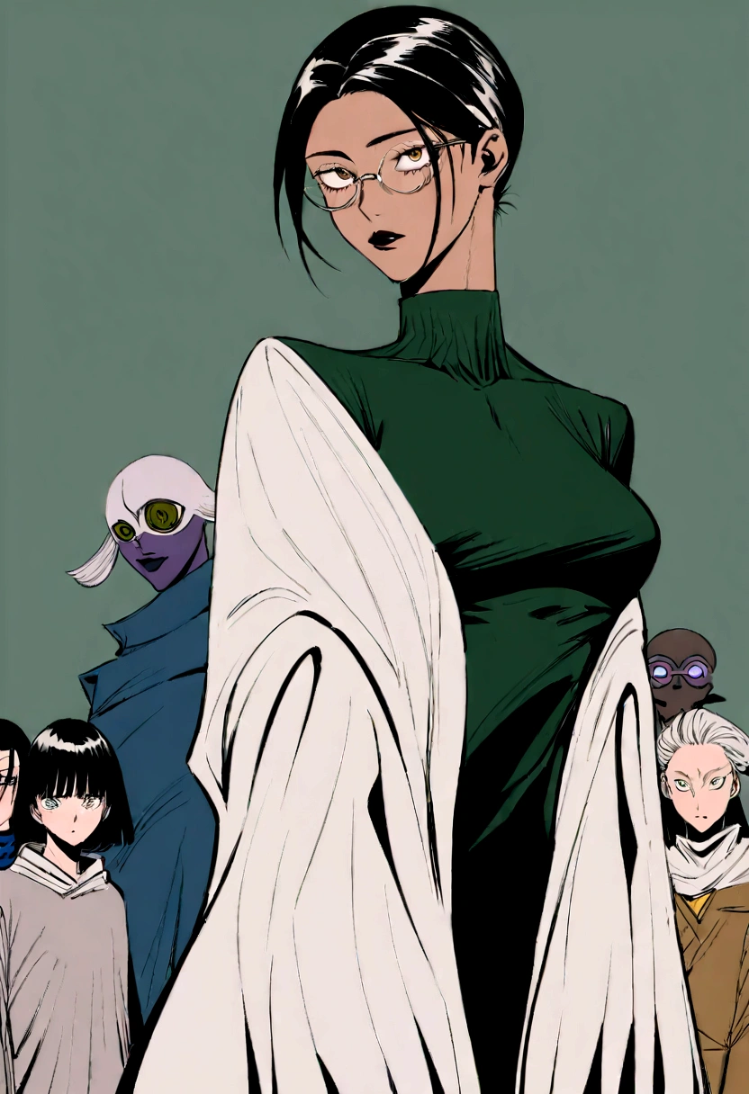 Tall girl with light muscles, cabelo preto desgrenhados, olhos verdes, uma cicatriz no canto da boca, roupas masculinas, trace of the work jujutsu kaisen and characteristics inspired by toji Fushiguro, corpo inteiro