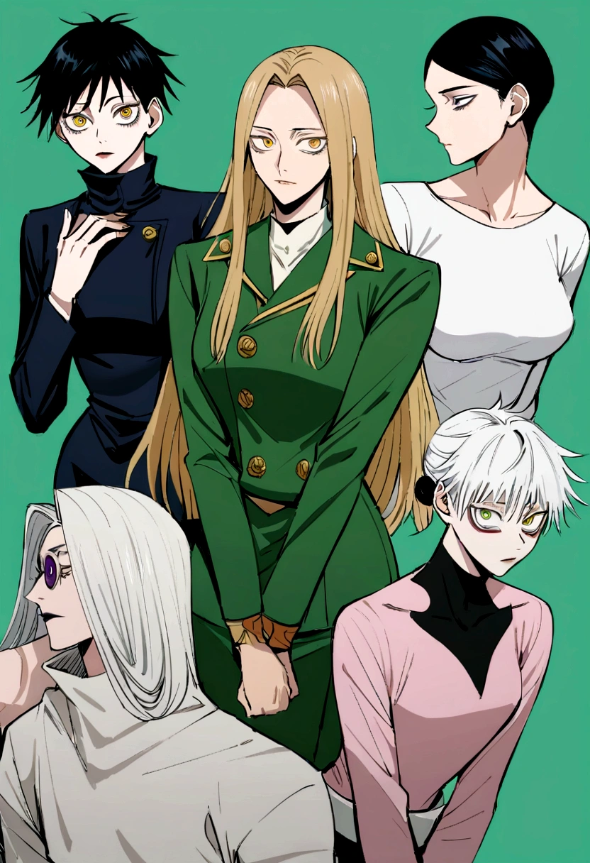 Tall girl with light muscles, cabelo preto desgrenhados, olhos verdes, uma cicatriz no canto da boca, roupas masculinas, trace of the work jujutsu kaisen and characteristics inspired by toji Fushiguro, corpo inteiro