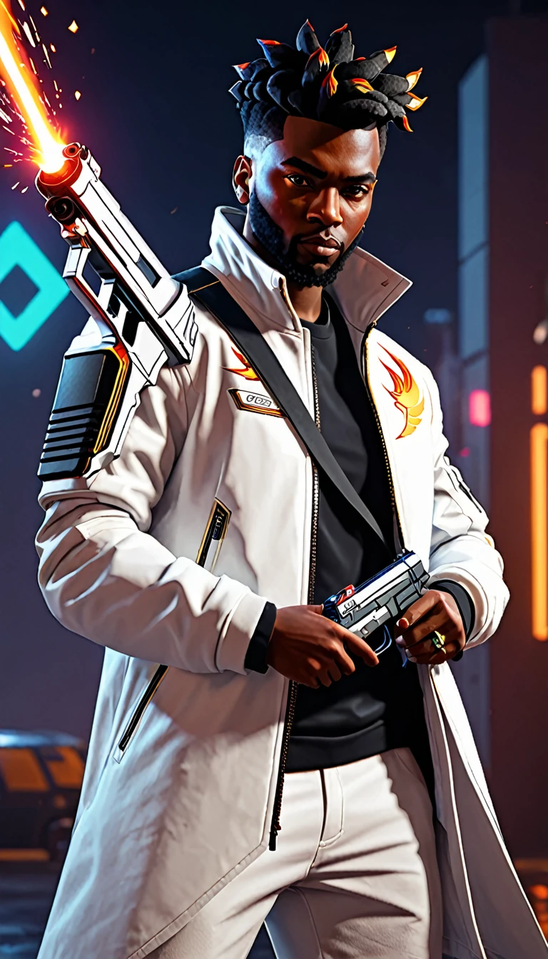 Valorant game phoenix character holding a laser gun, afrofuturism, white Jacket and black tshirt, fire on his hands, ultra quality, 8K