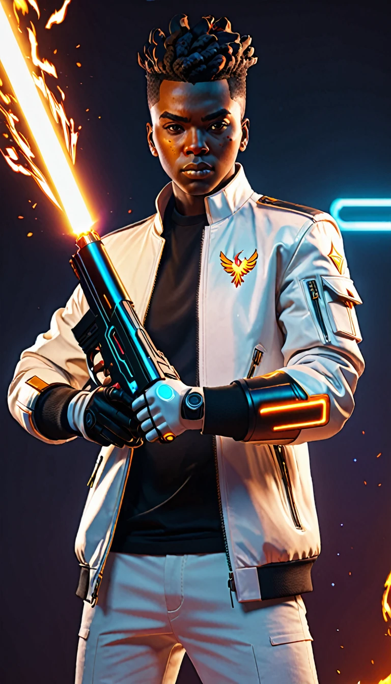 Valorant game phoenix character holding a laser gun, afrofuturism, white Jacket and black tshirt, fire on his hands, ultra quality, 8K