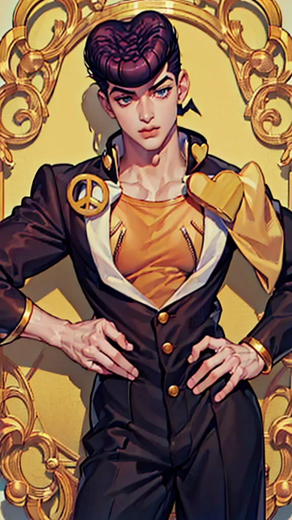 (1 man), only,(Higashikata Josuke - jojo's bizarre adventure),(Josukejojo:1.3), pompadour,(Male Japanese uniform gakuram),( purple color:1.3), black hair, sky blue eyes, yellow shirt with zippers, gold brooch, heart brooch, peace sign brooch, wide pants,High quality image, HD, wallpaper, (good quality: 1.3)(Hard details:1.3),(good shadows:1.4), (good focus:1.2)(Half body:1.3),(Josukejojo:1.5)White background, empty and white background,