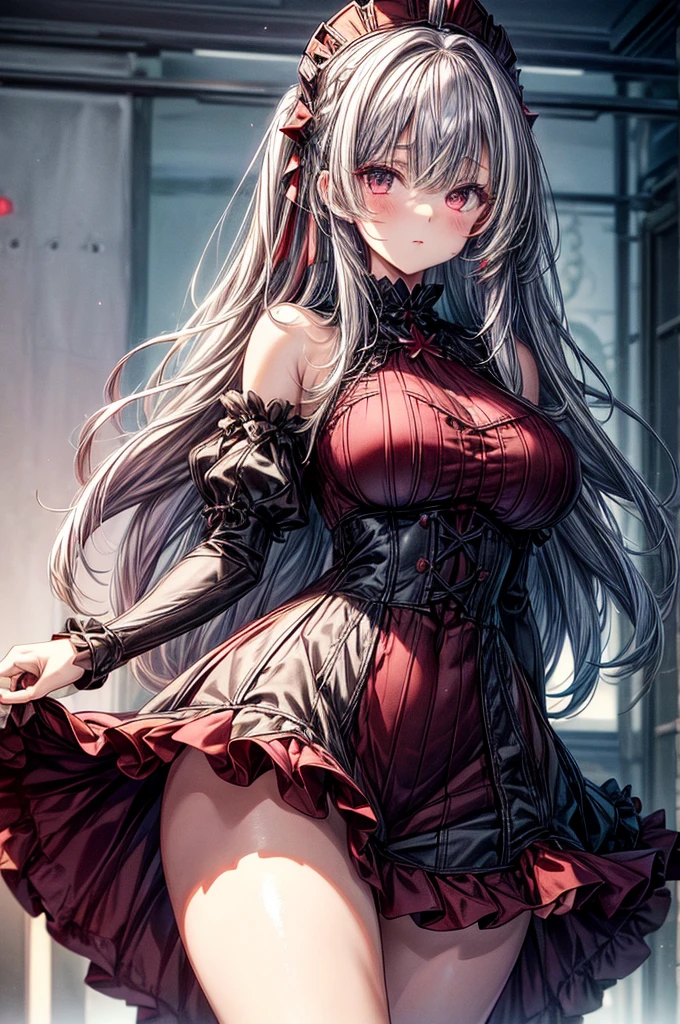 ((best quality)) ((best quality)), ((masterpiece)), (detailed), 4k image, anime style, beautiful young girl, teenage girl, tanned white skin skin, symmetrical face, beautiful young girl, tanned white skin, waist-length silver-red colored hair with red highlights at the edges, soft facial features, heterochromatic eyes, (left eye: silver)(right eye: red), long gothic sundress, cherry red plump lips, large E-cup breasts, short height(150cm). wide hips and large round ass,