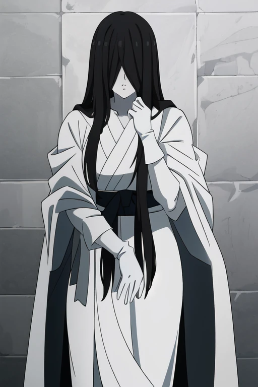 ((masterpiece)), (best quality), (absurdres), black hair, yamamura_sadako, white gloves, white cape (white dress, black obi), (grey skin), hair over eyes, eyes covered, looking at viewer, cape,