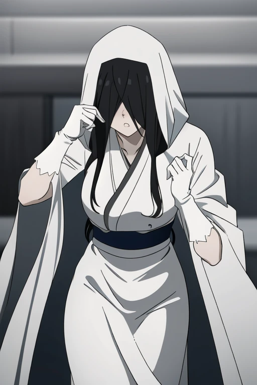 ((masterpiece)), (best quality), (absurdres), black hair, yamamura_sadako, white gloves, white cape (white dress, black obi), (grey skin), hair over eyes, eyes covered, looking at viewer, cape,