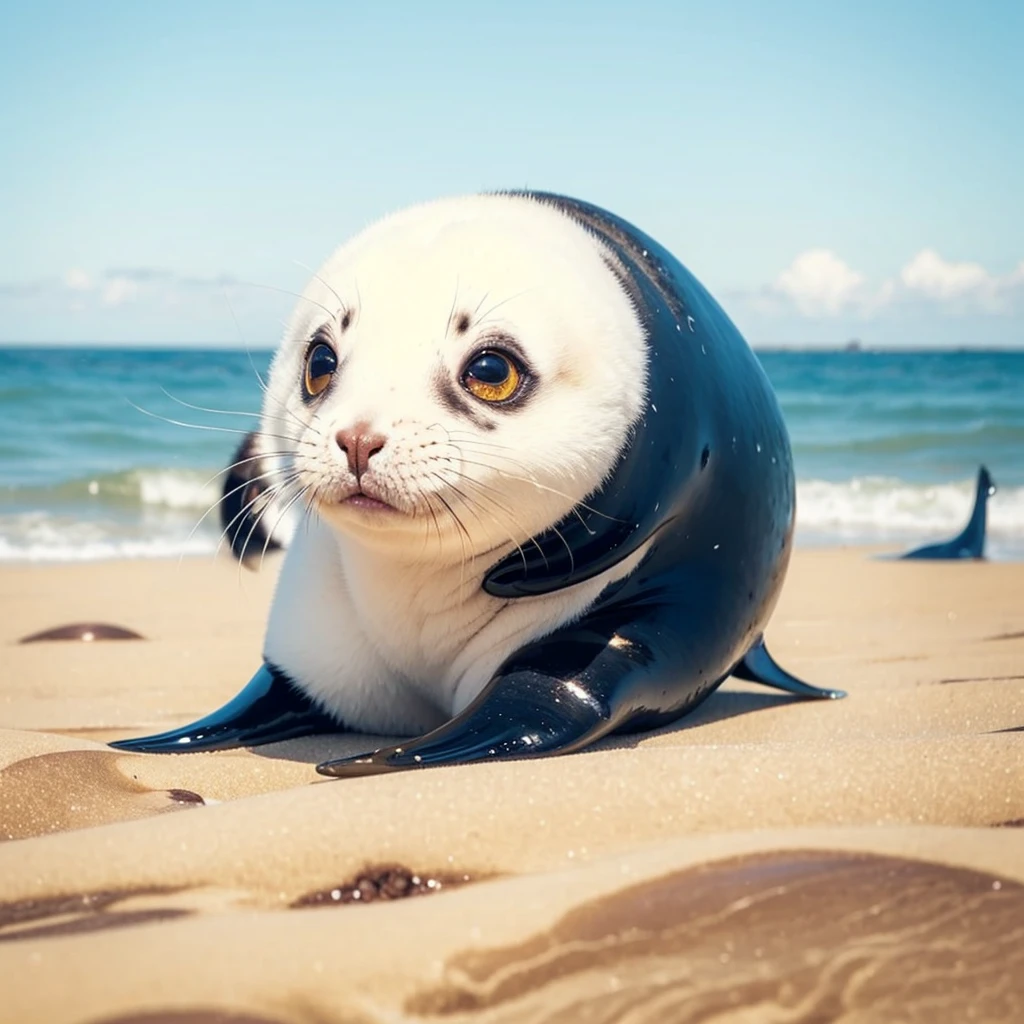 Small Animals, baby seal mixed with whale sea, has yellow and blue stripes on its body, Grassroots, no background, (has beard), ((gold eyes))