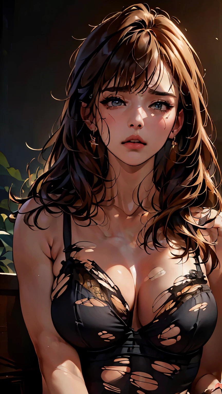 (RAW Photos:1.2), (Realistic:1.4),(masterpiece:1.3),(Highest quality:1.4),超High resolution,High resolution,8k, (Highly detailed illustration), 1 Girl, Beautiful face in every detail, Young girl, ((Layered Haircut)), Blonde,(Neat bangs:1.5),((Leopard Print Lingerie)), ((C-cup breasts with firmness)), ((Place your arms behind your head)), ((Torn Lingerie:1.5)), ((Yawning with eyes closed)), Expressions of pain, alone, Displaying the viewer,Clear Background, jungle, Written boundary depth, Natural light,(See-through silhouette),Urzan-6500-v1.1:0.7