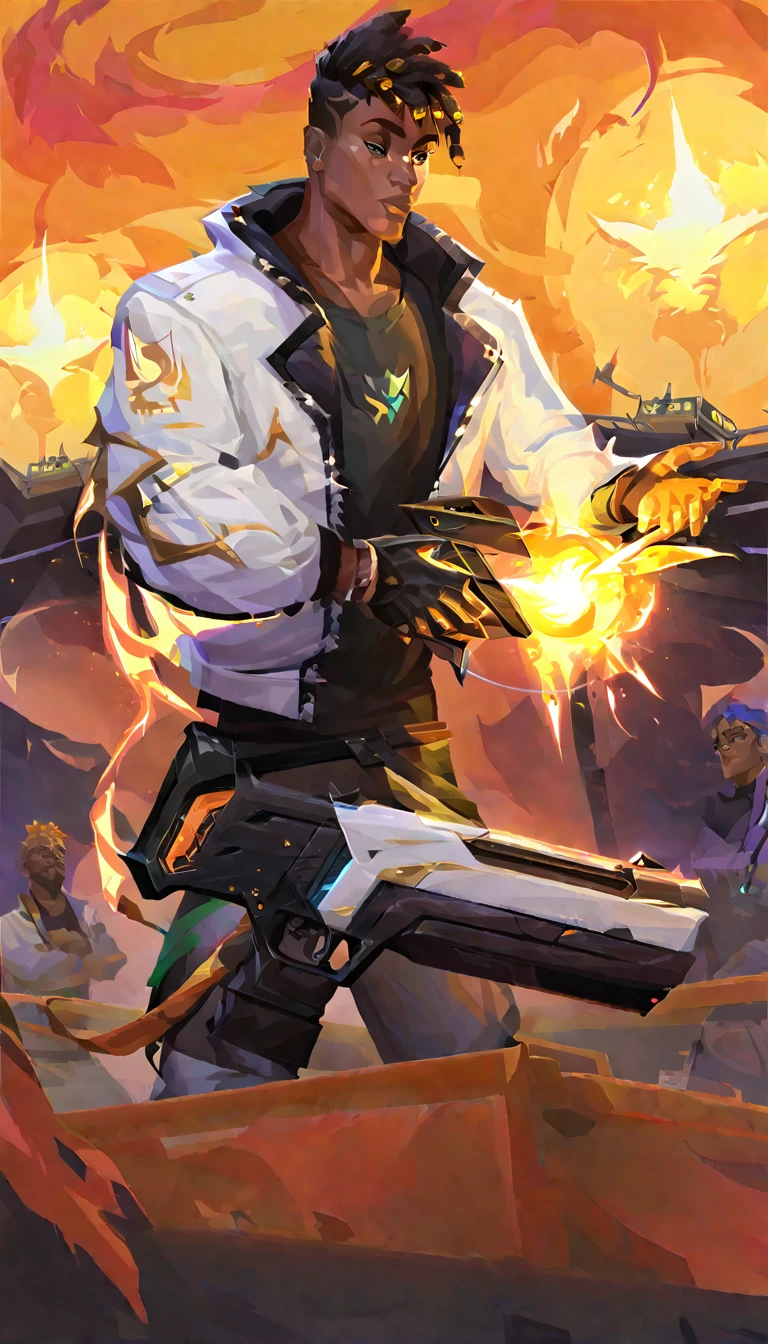 Valorant game phoenix character holding a laser gun, afrofuturism, white Jacket and black tshirt, fire on his hands, ultra quality, 8K