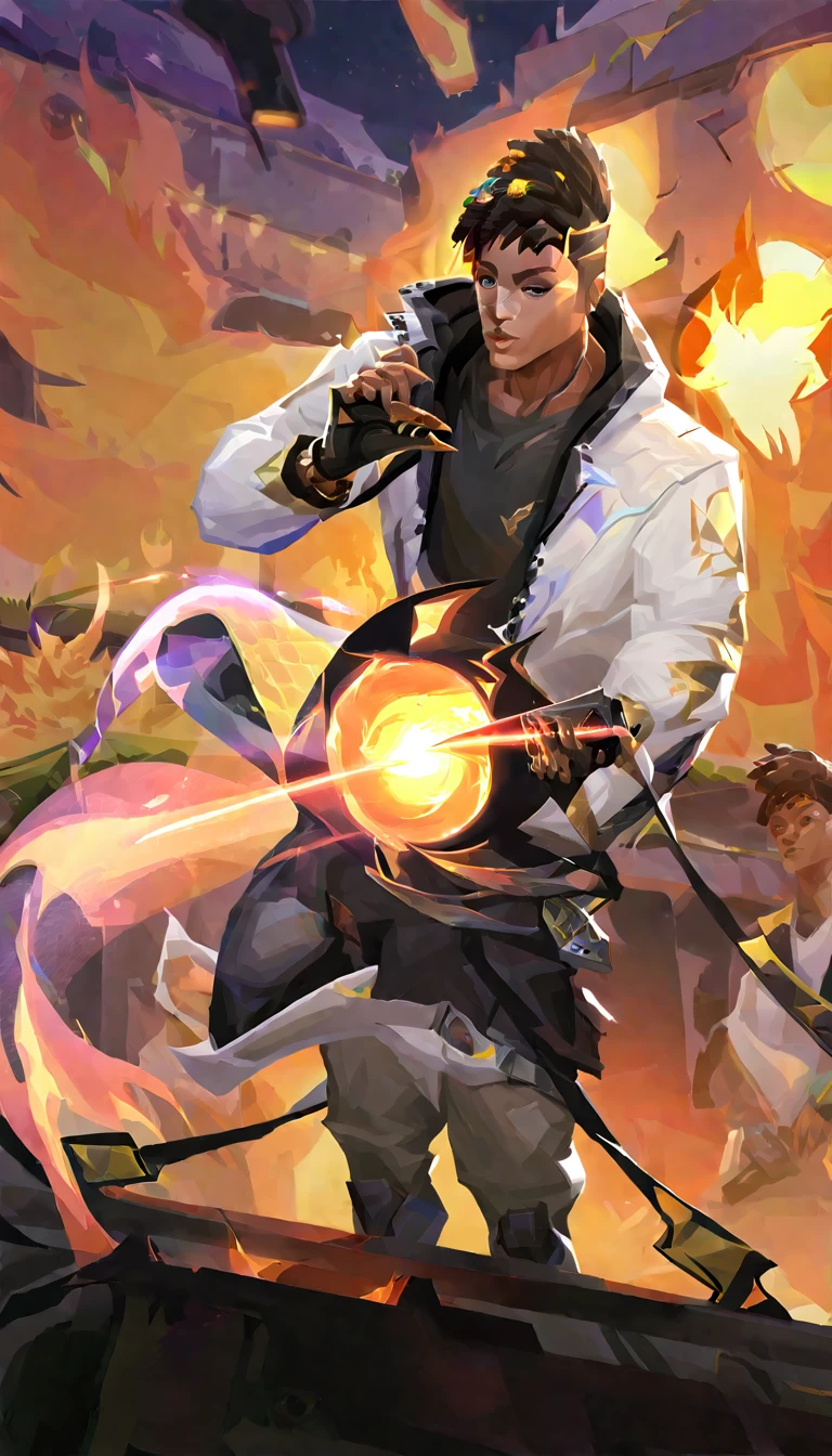 Valorant game phoenix character holding a laser gun, afrofuturism, white Jacket and black tshirt, fire on his hands, ultra quality, 8K