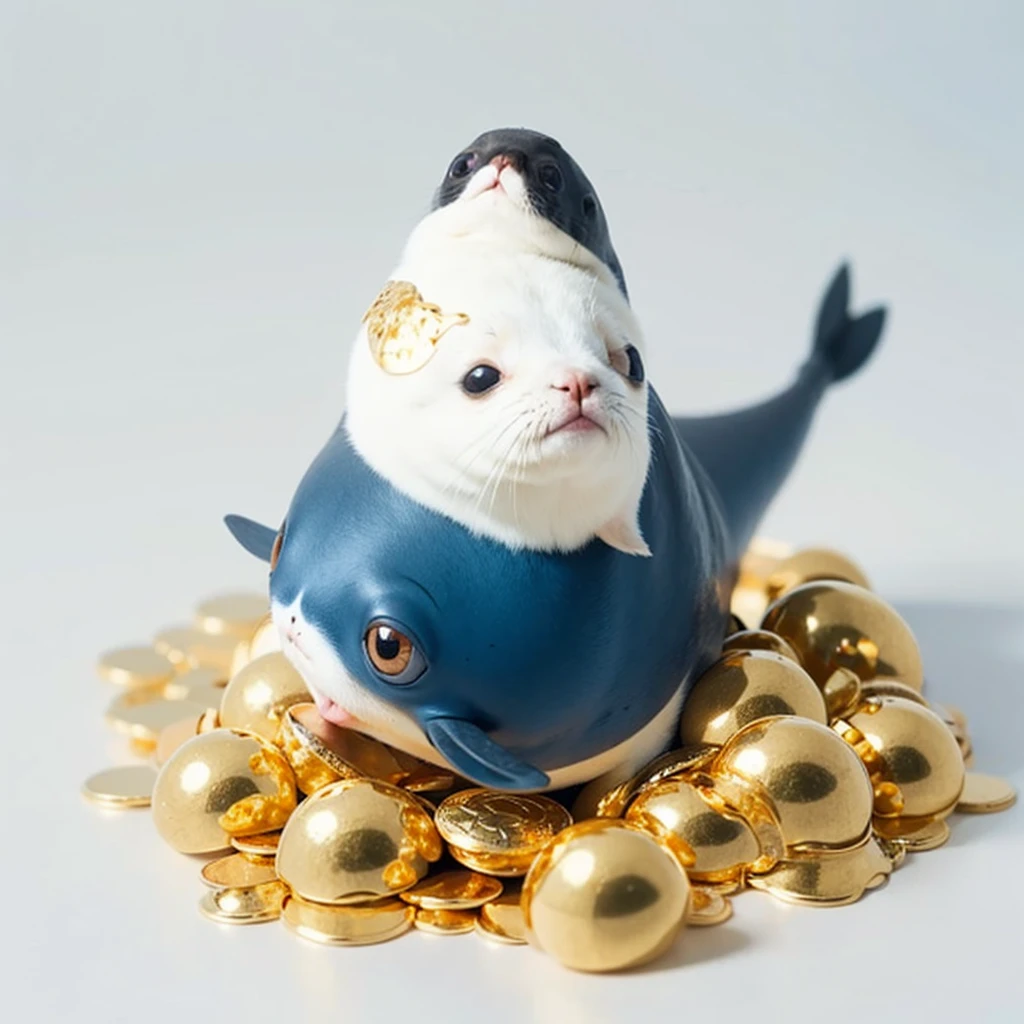 Small Animals, baby seal mixed with whale sea, has yellow and blue stripes on its body, Grassroots, no background, (has beard), ((gold eyes))