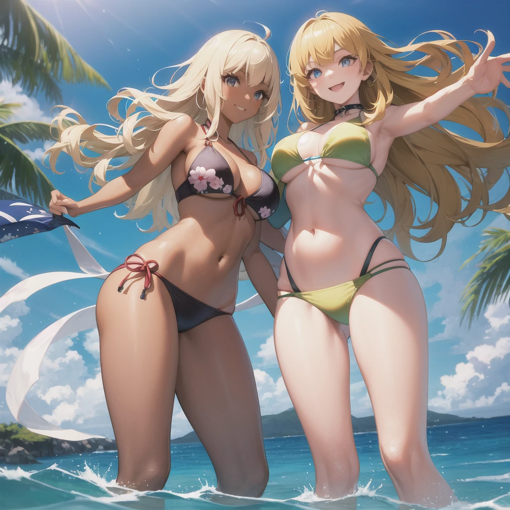 Realistic, 3 beautiful Japanese gals, Selfie, Face Enhancement, Face Zoom, Big smile, Long blonde hair, Wavy Hair, Dark Skin, Beach, bikini, Looking up from below