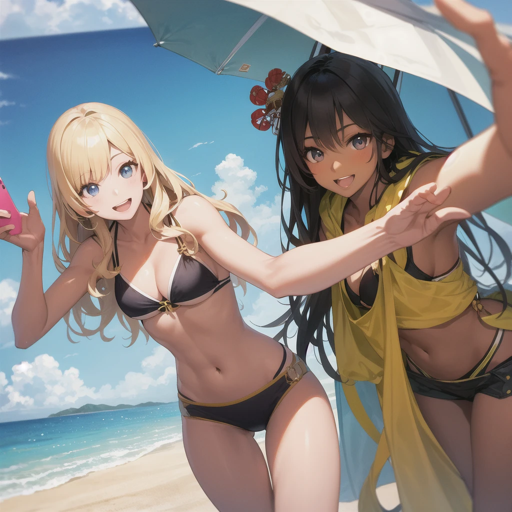 Realistic, 3 beautiful Japanese gals, Selfie, Face Enhancement, Face Zoom, Big smile, Long blonde hair, Wavy Hair, Dark Skin, Beach, bikini, Looking up from below