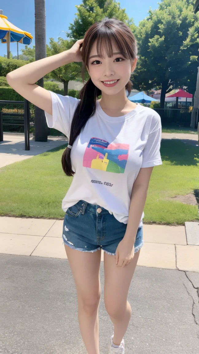 Photorealistic, high-quality 32k photo of a beautiful Japanese girl, who has big breast, in a cute and casual outfit, with detailed eyes and an excited smile, enjoying a day at an amusement park. She’s wearing a comfortable tee and shorts with canvas shoes, her hair tied in a playful ponytail. The image captures her full body with colorful rides and attractions in the background, focusing on her joyous expression and the fun-filled park atmosphere