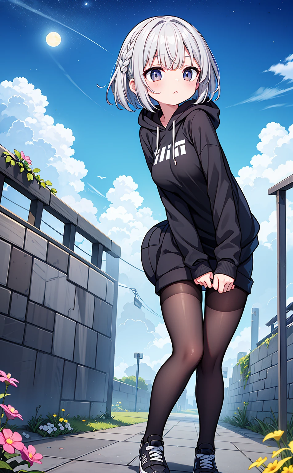 1 " 18-year-old" Sister、Braided side up short hair、dark grey HAIR、Golden Eyes、Black hooded jumper、Grey T-shirt、" Very big boobs" 、Hard-textured black shorts、Gray sneakers、Black Pantyhose、Doing parkour moves、It seems to fly through the air on the wind.、A flower field glowing pale at night、Pale Moon