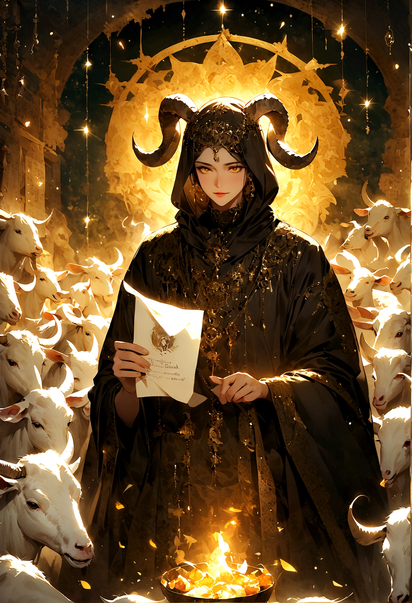 Create a surrealism-style poster for Hari Raya Idul Adha. The main character is a man with a goat skull head wearing a black robe. He is holding a piece of paper with the text "UKM KM 3,5 mengucapkan Selamat Hari Raya Idul Adha." The background should feature white goats. Use black, white, and yellow colors to evoke a cheerful yet mysterious atmosphere.