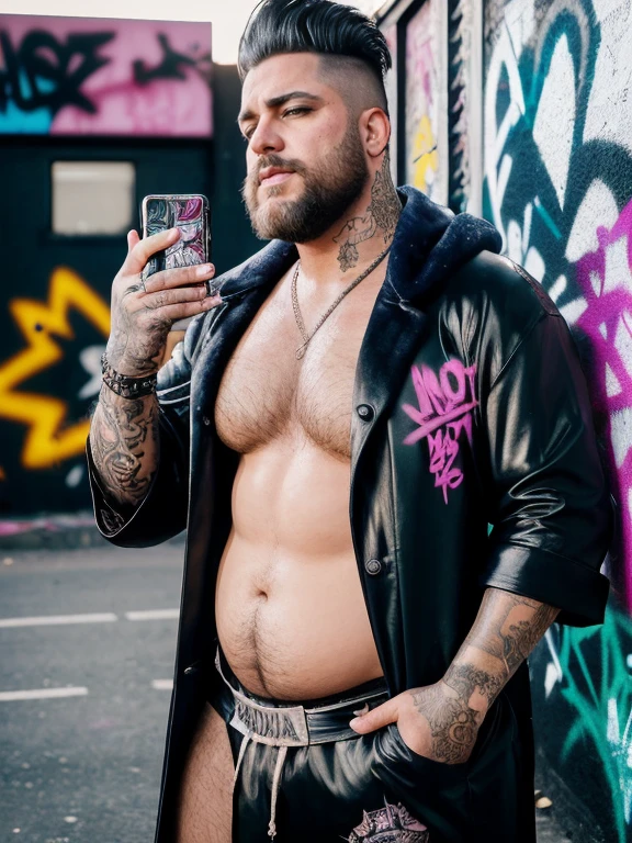 Only plump, chubby, extremely thick thighs, large belly, fat, masutepiece,High quality,Highly detailed,intense scene, solid, Gritty reality setting for 50 year old sexy fat bearded man,full of sweat,Full body,Big belly, ((Wearing bathrobe , meias brancas, a white cueca box)),Stunned face,Open the legs,In the darkness, Varied Camera Angles in Photography. various poses, HD 8k high quality, gay, bearded, serious facial expression, (still from a movie), tense, dramatic, atmospheric, cinematic, (looking away),
(masterpiece), top quality, photorealistic, hyperrealism, absurdres, tack sharp, subsurface scattering, 8k, HDR, 35mm, professional photography, RAW,(best quality,highres),(photorealistic) A crow punk taking a selfie picture, with (vibrant colors) striking vibrant colors and (detailed) intricate feather patterns. The punk crow is perched on a (graffiti-covered) graffiti-covered brick wall, wearing (edgy) edgy attire including a leather jacket adorned with (studded spikes), ripped jeans, and (metallic) metallic accessories. Its (piercing) piercing eyes are highlighted with (smoky) smoky eyeshadow and (heavy) heavy eyeliner. It holds a (glimmering) glimmering smartphone with its claw, fully extending its (feathers) feathers to capture the perfect angle. The background features a (gritty) gritty urban setting with (graffiti artworks) graffiti artworks and (reflected neon lights) neon lights reflecting on damp pavements. The scene is bathed in (dramatic) dramatic lighting, casting long shadows and emphasizing the crow punk's rebellious spirit, muscular, buffed