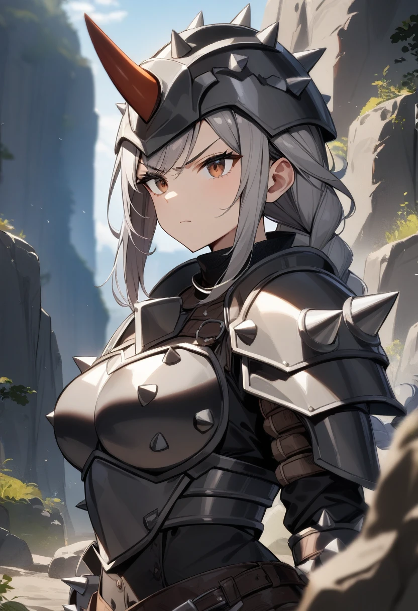 1girl, tall, serious, one drill horn, helmet, spikes, wearing a gray rock armor, natural breasts, spiky hair, long braid, gray hair, brown eyes, rough rocky terrain, masterpiece quality, ultra HD, 4K, best quality,