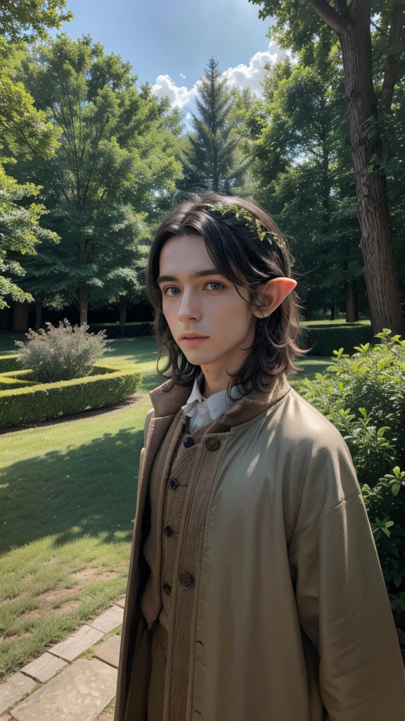 Make a very curious man who has a place with trees in the background, elves and magical things