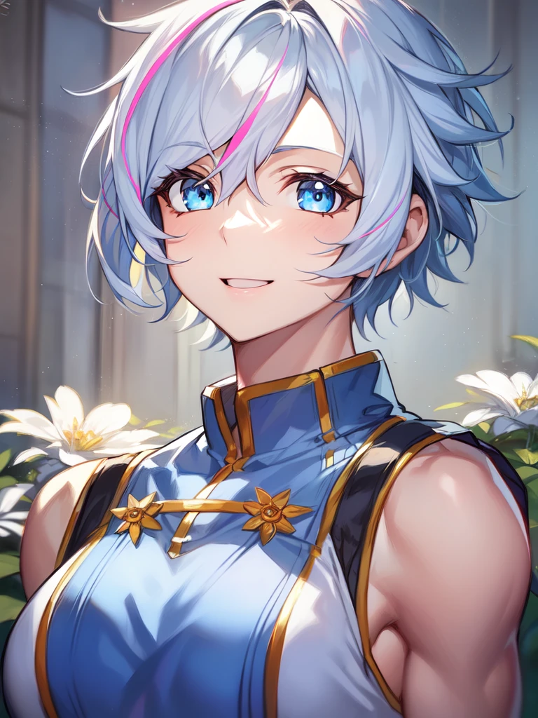 ((spiked hair)), ((tomboy)), ((muscular)), ((short hair)), ((two-toned hair [white and pink])), ((light blue eyes)), ((cheerful expression)), (shinobi clothing)), ((light skin)), ((flowers)), ((complementary colors)), ((mature female)), 1girl, beautifully drawn, high resolution illustration, best quality, High definition, ((detailed anime sketch)), Masterpiece, (solo), absurdres, portrait, ((upper body)), detailed background, fine detail, female focus, HDR,
