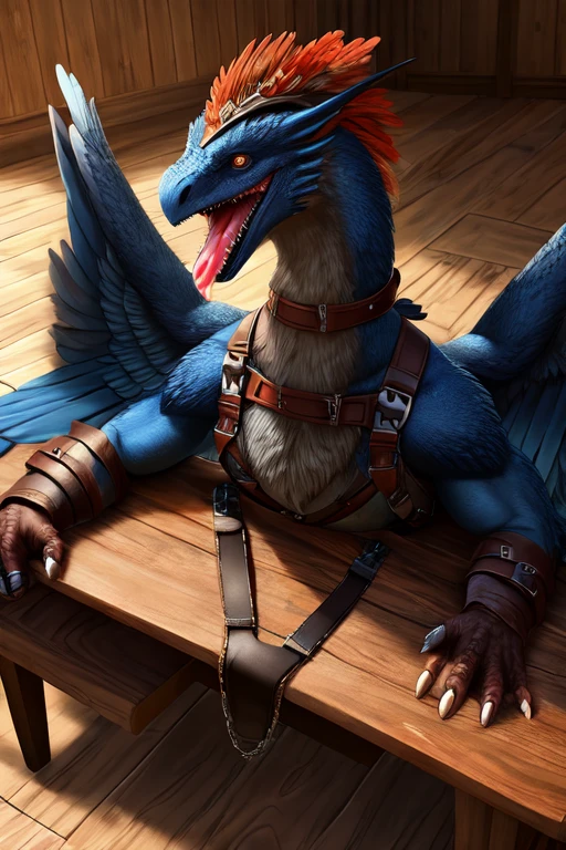 feathered wyvern body lying down on the table. Wings spread out and Strapped to the table with leather straps. Mouth wide open with no teeth and fangs and tooth. Milk dripping out of mouth splattering onto the table. Milk inside mouth. Photorealistic. Head tied down to the table. Leather harness on head