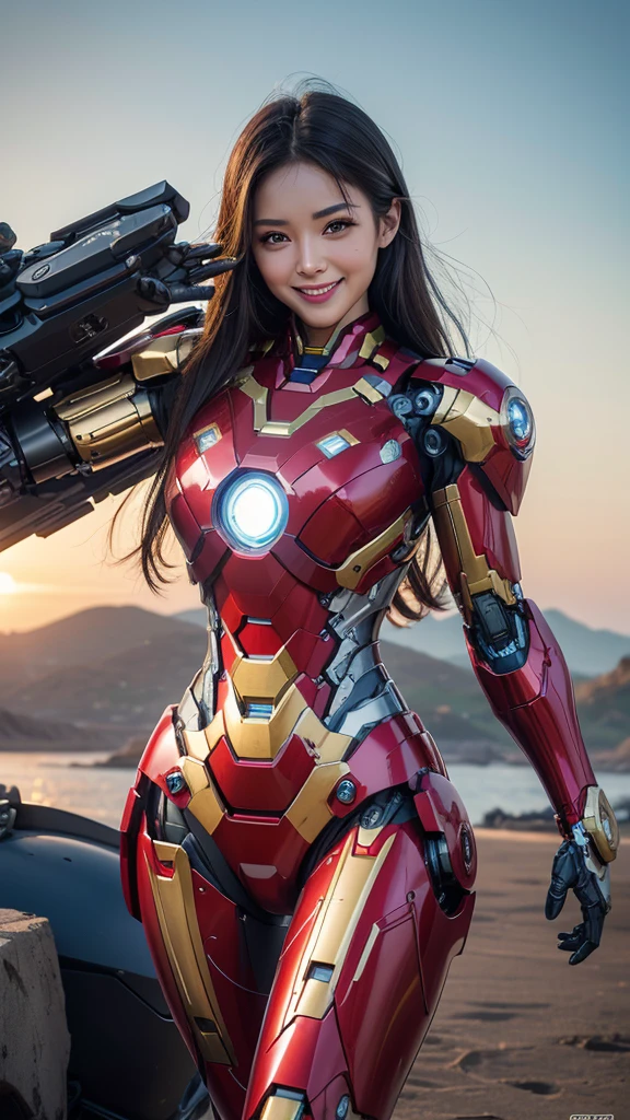 Textured skin, Super Detail, high details, High quality, Best Quality, hight resolution, 1080p, hard disk, Beautiful,(Iron Girl),Beautiful Smile,beautiful cyborg woman,Mecha Cyborg Girl,Battle Mode,Girl with a Mecha Body,She wears an Iron Man mech,powerful cyborg woman,