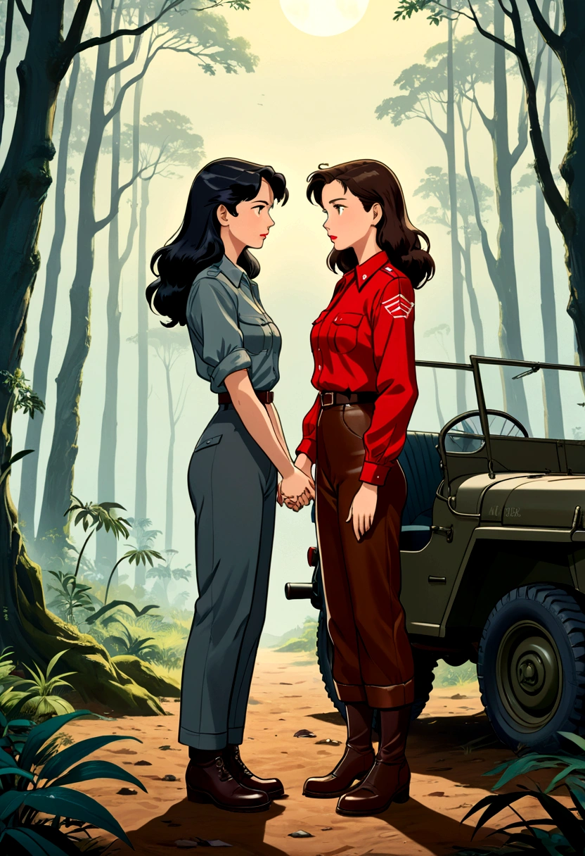 Name "Uranus 2324 (Sarocha Chankimha & Rebecca Armstrong)" in a strong, 1940s war-style font to an anime illustration-style image in which two women in love are seen, sadly holding hands; One is a beautiful Asian woman with long, dark hair, who is dressed in a gray shirt and dark 40s style pants and dark boots, who is facing another beautiful woman with British features and brown hair who is wearing a set of Brown leather pants and jacket and a red shirt from the 40s. In the image you feel sadness, despair and uncertainty about the future of your love. They find themselves in a desolate forest next to a war jeep. At the bottom of the image the following phrase reads "I came to this world...because I don't want to lose you anymore" in a 40s style font