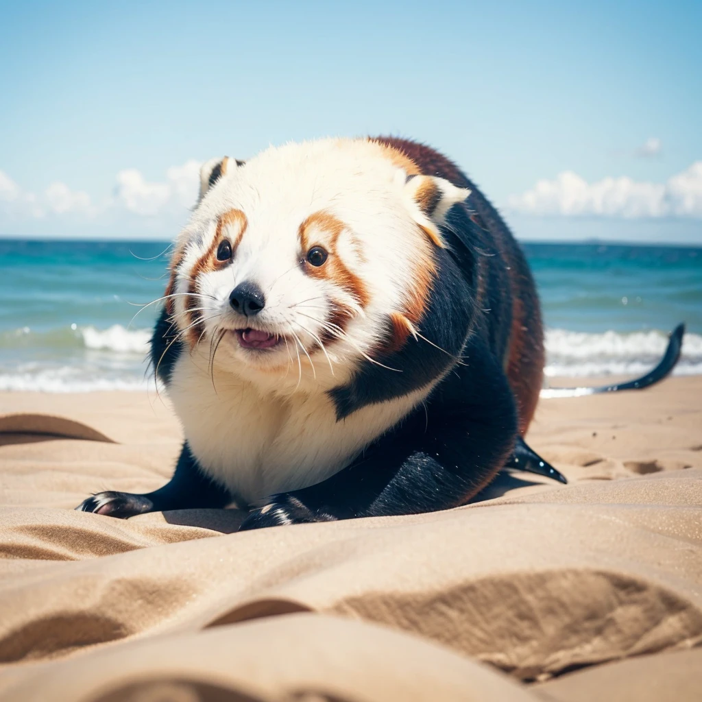 Small Animals, baby seal mixed with whale sea, has yellow and blue stripes on its body, Grassroots, no background, (has beard), ((red panda faces))