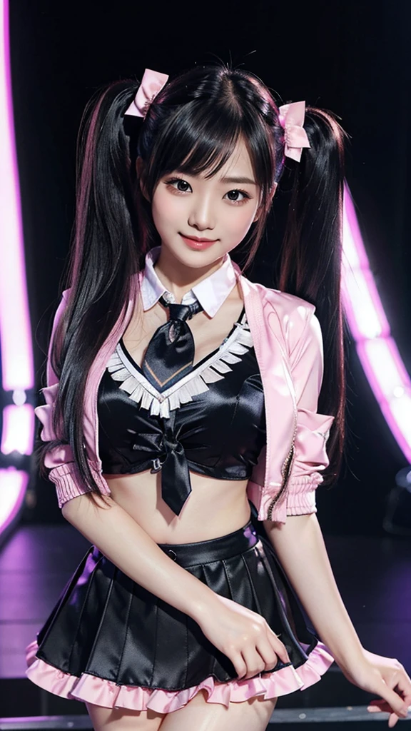 masterpiece、1 Beautiful Girl、A detailed face、A detailed eye、Detailed skin、Detailed hand、top-quality、Illuminated from the front with bright lighting、profetional lighting、Facing straight ahead、The background is a little blurry、The costumes are idol costumes like AKB48(Check short skirt、Jacket feather hair ornament、Cute tie)、Amazing smile、Background above live stage(Dancing)、
Some parts of the costume and hair ornament are pink、
Hairstyle is Twintails、
Age is 21 years old、
The right arm is spread wide、
The color of the eyeball is black、