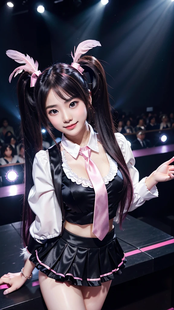 masterpiece、1 Beautiful Girl、A detailed face、A detailed eye、Detailed skin、Detailed hand、top-quality、Illuminated from the front with bright lighting、profetional lighting、Facing straight ahead、The background is a little blurry、The costumes are idol costumes like AKB48(Check short skirt、Jacket feather hair ornament、Cute tie)、Amazing smile、Background above live stage(Dancing)、
Some parts of the costume and hair ornament are pink、
Hairstyle is Twintails、
Age is 21 years old、
The right arm is spread wide、
The color of the eyeball is black、