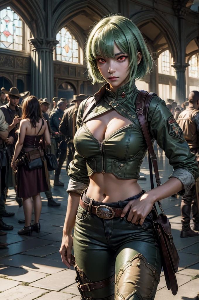 emeraldsustrai, emerald sustrai, short hair, (red eyes:1.5), green hair, dark skin, dark-skinned female, BREAK navel, cleavage, midriff, belt, cleavage cutout, chaps, hands on hips, BREAK inside palace, glass floor, mable pillers, tall stained glass windows, BREAK gala, large crowd, (((crowd in military dress))), (volumetric lighting),  intricate details, tonemapping, sharp focus, hyper detailed, (cowboy shot:1.5), BREAK (masterpiece:1.2), best quality, high resolution, unity 8k wallpaper, (illustration:0.8), (beautiful detailed eyes:1.6), extremely detailed face, perfect lighting, extremely detailed CG, (perfect hands, perfect anatomy),