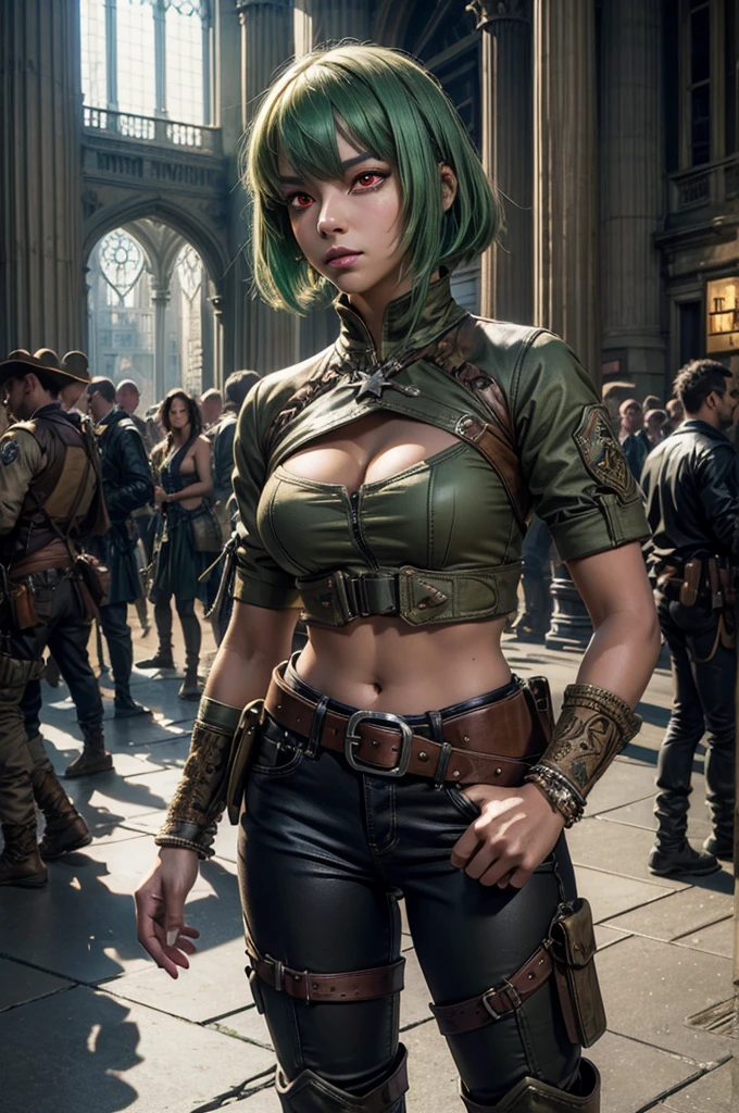 emeraldsustrai, emerald sustrai, short hair, (red eyes:1.5), green hair, dark skin, dark-skinned female, BREAK navel, cleavage, midriff, belt, cleavage cutout, chaps, hand on hip, BREAK outside palace, floor, marble pillars, tall stained glass windows, BREAK courtyard, large crowd, (((crowd in military dress))), (volumetric lighting),  intricate details, tonemapping, sharp focus, hyper detailed, (cowboy shot:1.5), BREAK (masterpiece:1.2), best quality, high resolution, unity 8k wallpaper, (illustration:0.8), (beautiful detailed eyes:1.6), extremely detailed face, perfect lighting, extremely detailed CG, (perfect hands, perfect anatomy),