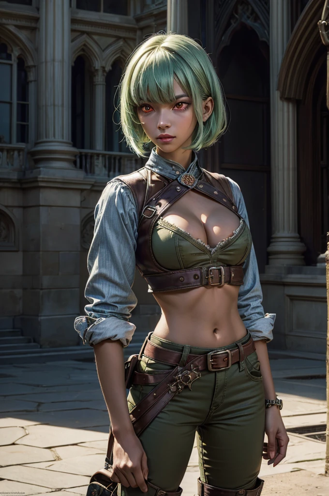 emeraldsustrai, emerald sustrai, short hair, (red eyes:1.5), green hair, dark skin, dark-skinned female, BREAK navel, cleavage, midriff, belt, cleavage cutout, chaps, hand on hip, BREAK outside palace, floor, marble pillars, tall stained glass windows, BREAK courtyard, large crowd, (((crowd in military dress))), (volumetric lighting),  intricate details, tonemapping, sharp focus, hyper detailed, (cowboy shot:1.5), BREAK (masterpiece:1.2), best quality, high resolution, unity 8k wallpaper, (illustration:0.8), (beautiful detailed eyes:1.6), extremely detailed face, perfect lighting, extremely detailed CG, (perfect hands, perfect anatomy),