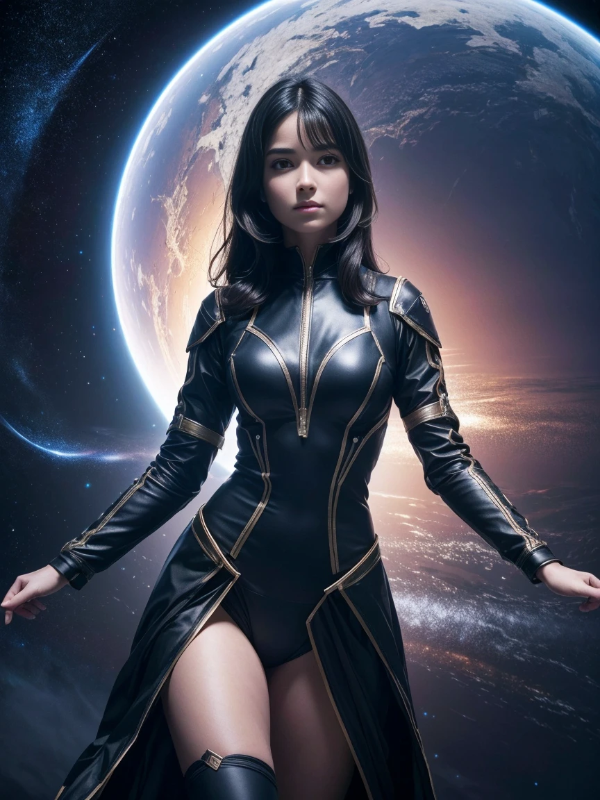 (extremely detailed 8k wallpaper), dance of a dark-haired girl, a model of European appearance, in space, Ultra high quality, ultra detail, difficult, high detail, Dramatic