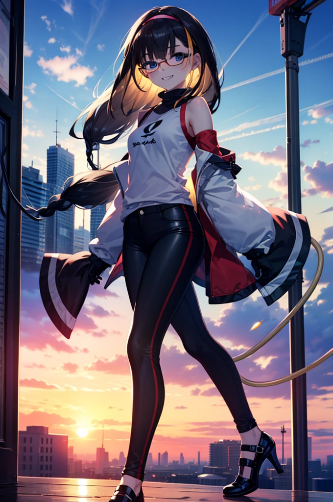 small, small, Black Hair, blue eyes, demon tail, hair band, Long Hair, mechanical tail, Multicolored Hair, tail, smile,Grin,tooth,Black-rimmed glasses,Cold shoulder tops,skinny pants,Stiletto heels,morning,morning陽,The sun is rising,Walking,whole bodyがイラストに入るように,
break looking at viewer, whole body,
break outdoors,Building district,
break (masterpiece:1.2), Highest quality, High resolution, unity 8k wallpaper, (figure:0.8), (beautiful detailed eyes:1.6), extremely detailed face, Perfect lighting, extremely detailed CG, (Perfect hands, Perfect Anatomy),