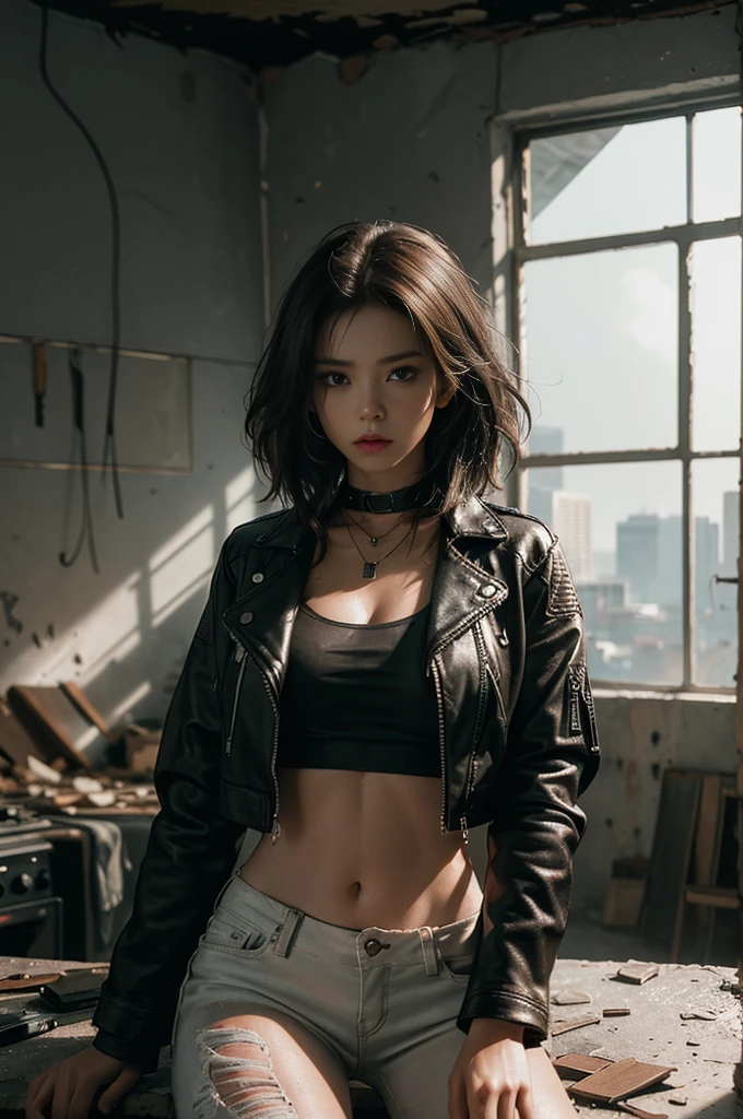 1girl, brunet hair, leather jacket, white crop top, ripped jeans, necklace, sitting, goddess body, exquisite face, jaw-dropping beauty, abandoned room, debris, peeling walls, fluorescent ceiling light, moody atmosphere, grungy setting, ((hyper realistic, detailed, RAW photo, cinematic lighting, masterpiece, 8K, depth of field, drop shadow, atmospheric, perfect composition)), cyberpunk aesthetic, indoor scene, dilapidated interior, intense gaze, edgy style