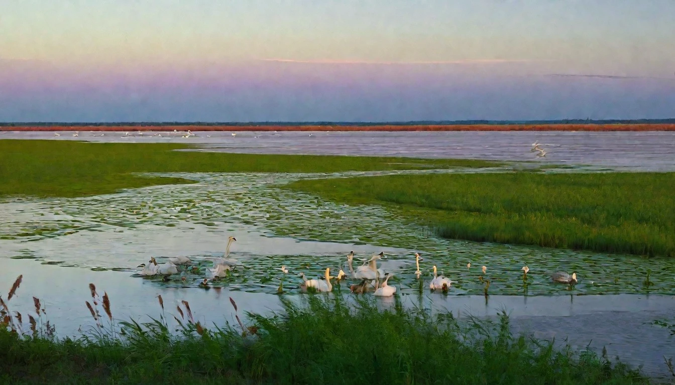 early morning,Thousands of photos of sunset,There is a large body of water,There is water in the background, Lake in the distance, swamp, Lake in the distance, swamp, Green Grass,Suaeda rubra,lake in foreground, lake in background, Wide rivers and lakes, landscape of flat wastelands, Flood plain, lake foreground, River in the background, Lakeshore,Green Grass,Suaeda rubra,Green Grass,Suaeda rubra,Green Grass,Suaeda rubra,Swans flying in the sky,Swans flying in the sky,Swans flying in the sky,Elk running in the water,