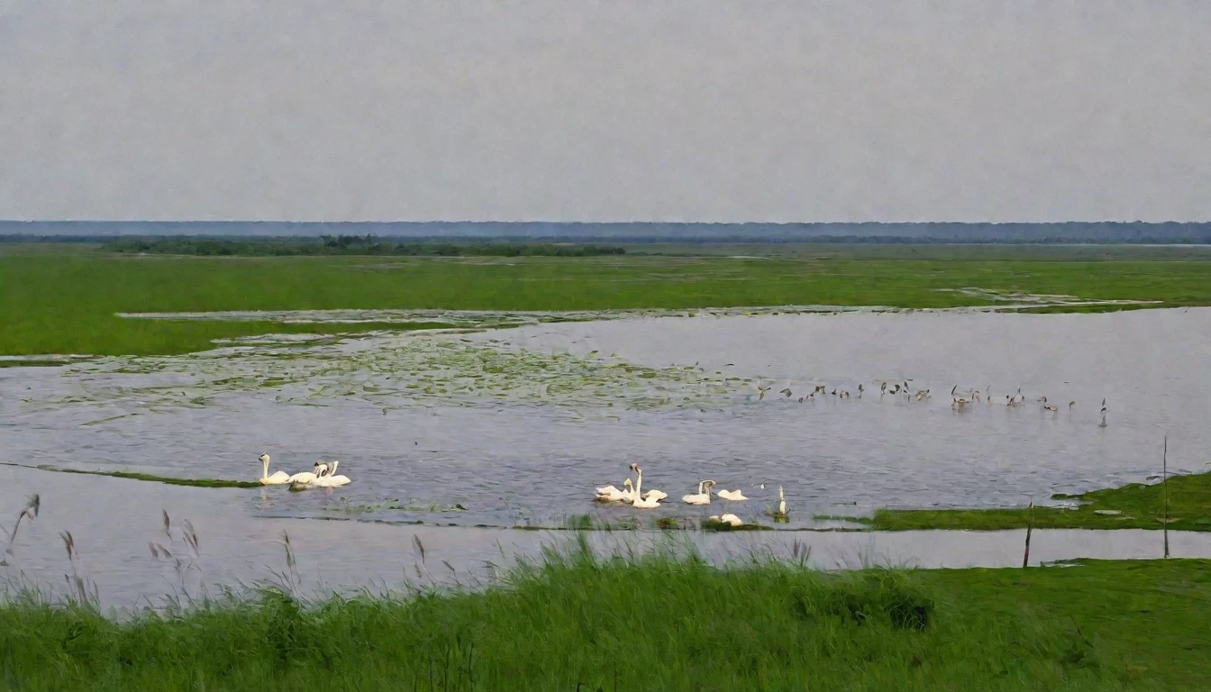 early morning，Thousands of photos of sunset，There is a large body of water，There is water in the background, Lake in the distance, swamp, Lake in the distance, swamp, Green Grass，Suaeda rubra，lake in foreground, lake in background, Wide rivers and lakes, landscape of flat wastelands, Flood plain, lake foreground, River in the background, Lakeshore，Green Grass，Suaeda rubra，Green Grass，Suaeda rubra，Green Grass，Suaeda rubra，Swans flying in the sky，Swans flying in the sky，Swans flying in the sky，Elk running in the water，