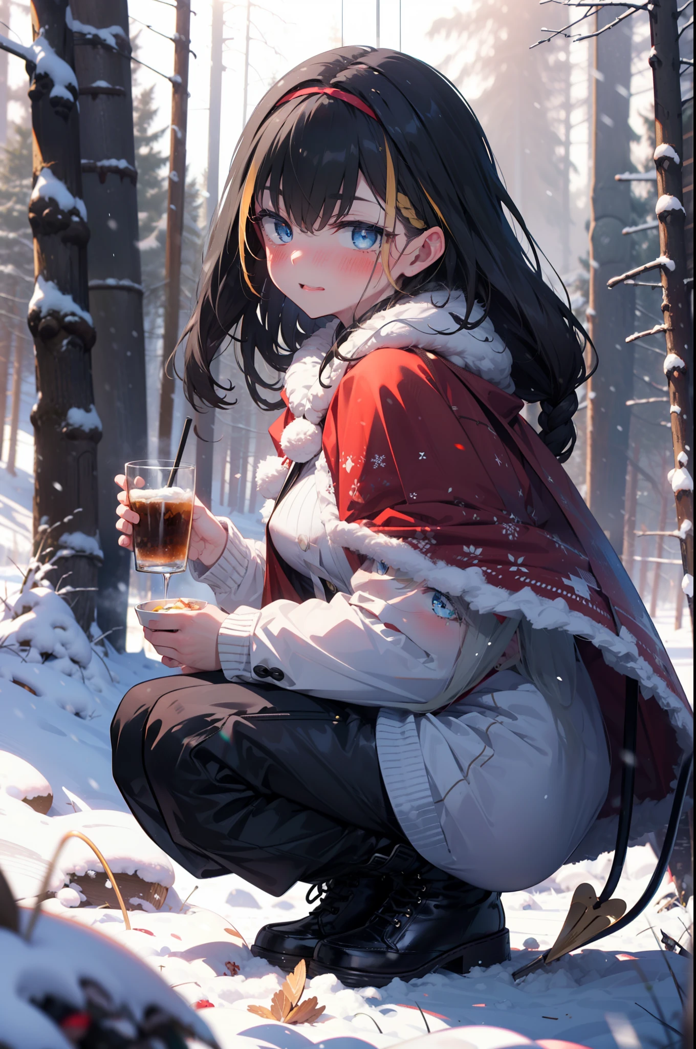 small, small, Black Hair, blue eyes, demon tail, hair band, Long Hair, mechanical tail, Multicolored Hair, tail, smile,blush,White Breath,Big Breasts,
Open your mouth,snow,Ground bonfire, Outdoor, boots, snowing, From the side, wood, suitcase, Cape, Blurred, having meal, forest, White handbag, nature,  Squat, Mouth closed, Cape, winter, Written boundary depth, Black shoes, red Cape break looking at viewer, Upper Body, whole body, break Outdoor, forest, nature, break (masterpiece:1.2), Highest quality, High resolution, unity 8k wallpaper, (shape:0.8), (beautiful detailed eyes:1.6), extremely detailed face, Perfect lighting, extremely detailed CG, (Perfect hands, Perfect Anatomy),