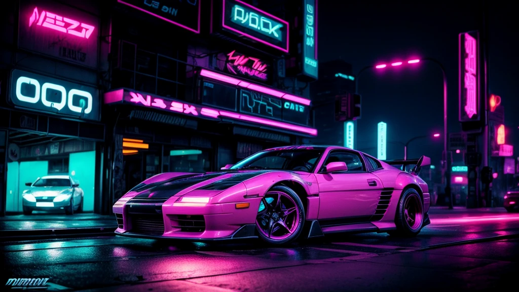 Cyberpunk car, retrowave synthwave style, neon colors, in the middle, full visible