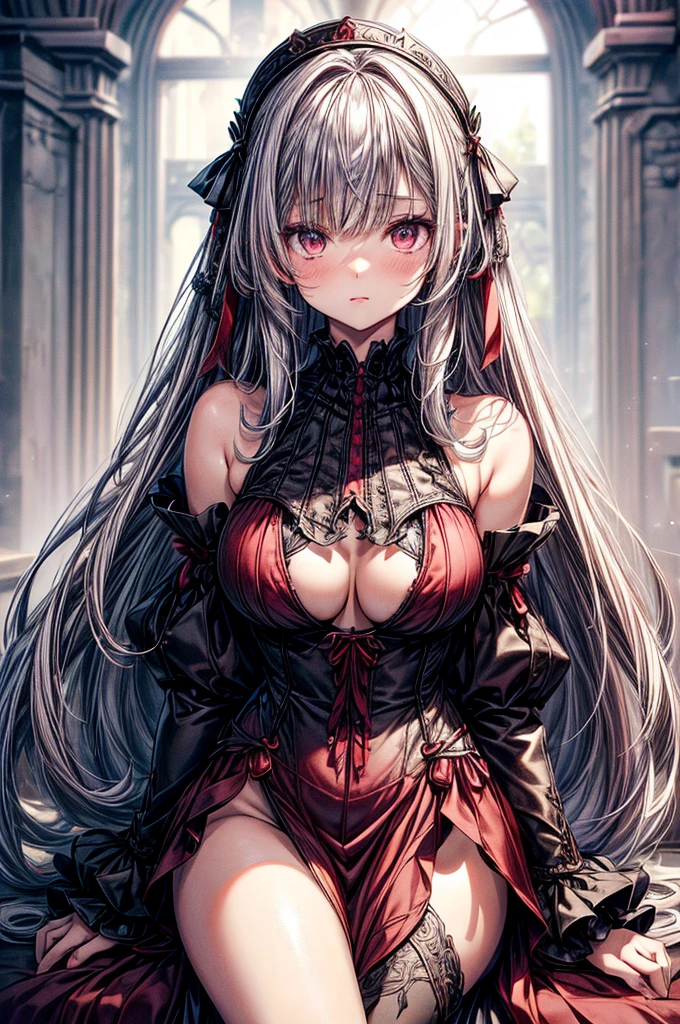 ((best quality)) ((best quality)), ((masterpiece)), (detailed), 4k image, anime style, beautiful young girl, age girl, tanned white skin skin, symmetrical face, beautiful young girl, tanned white skin, waist-length silver-red colored hair with red highlights at the edges, soft facial features, heterochromatic eyes, (left eye: silver)(right eye: red), long gothic sundress, cherry red plump lips, large E-cup breasts, short height(150cm). wide hips and large round ass,