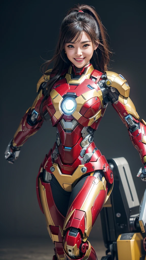 Textured skin, Super Detail, high details, High quality, Best Quality, hight resolution, 1080p, hard disk, Beautiful,(Iron Girl),Beautiful Smile,beautiful cyborg woman,Mecha Cyborg Girl,Battle Mode,Girl with a Mecha Body,She wears an Iron Man mech,powerful cyborg woman,