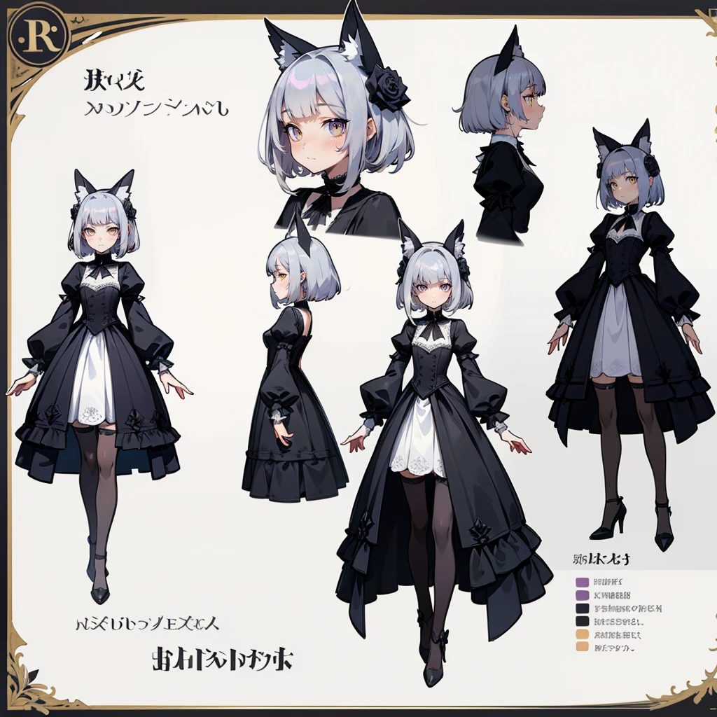 ((Masterpiece, Highest quality)), Detailed face, Character Design Sheet, full body, Full of details, Multiple poses and expressions, Highly detailed, Depth, Many parts, , black stockings, wearing high heels, working woman, silver hair,   romanticism, red right eye, silver left eye, many leather parts, high fashion outfit, designed by world famous stylist, many lace, many black and white diamonds ornament, light clear eyes, heterochromia eyes, very detailed eyes, super detailed face, straight hairstyle, straight bangs, blunt bangs, straight silky glossy hair, red, shapes of rose ashes colour, gray+violet, rose+gray colours