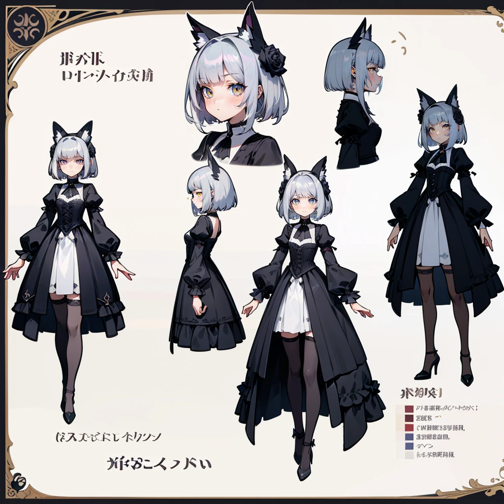 ((Masterpiece, Highest quality)), Detailed face, Character Design Sheet, full body, Full of details, Multiple poses and expressions, Highly detailed, Depth, Many parts, , black stockings, wearing high heels, working woman, silver hair, romanticism, red right eye, silver left eye, many leather parts, high fashion outfit, designed by world famous stylist, many lace, many black and white diamonds ornament, light clear eyes, heterochromia eyes, very detailed eyes, super detailed face, straight hairstyle, straight bangs, blunt bangs, straight silky glossy hair, red, shapes of rose ashes colour, gray+violet, rose+gray colours