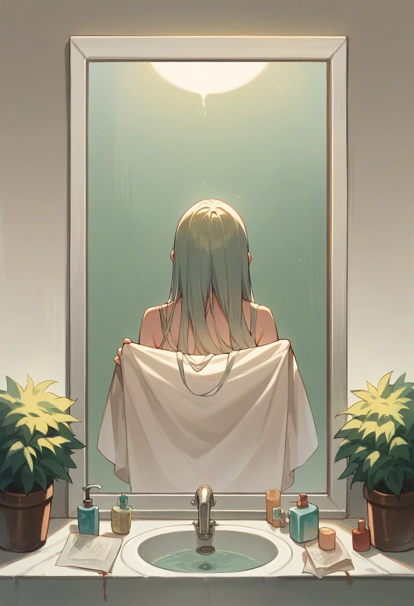 Create a spacious bathroom that has a somewhat large mirror and is at night