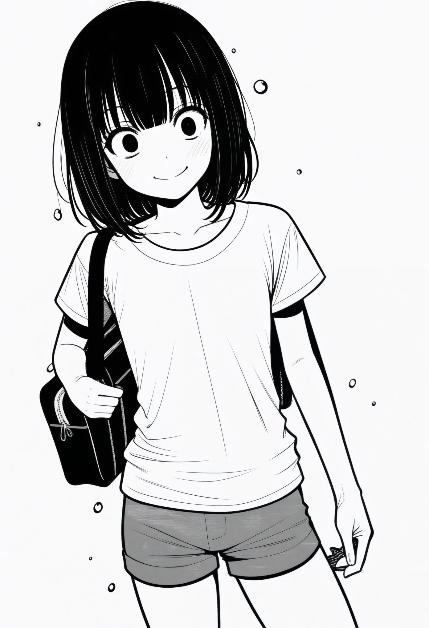 masterpiece, best quality, 1girl, mamerakkkkko, grayscale, manga style, japanese, chi no wadachi, black eyes, street, iced, black hair, schoolbag, smile, lineart, white background, white shirt, grey shorts, centered
