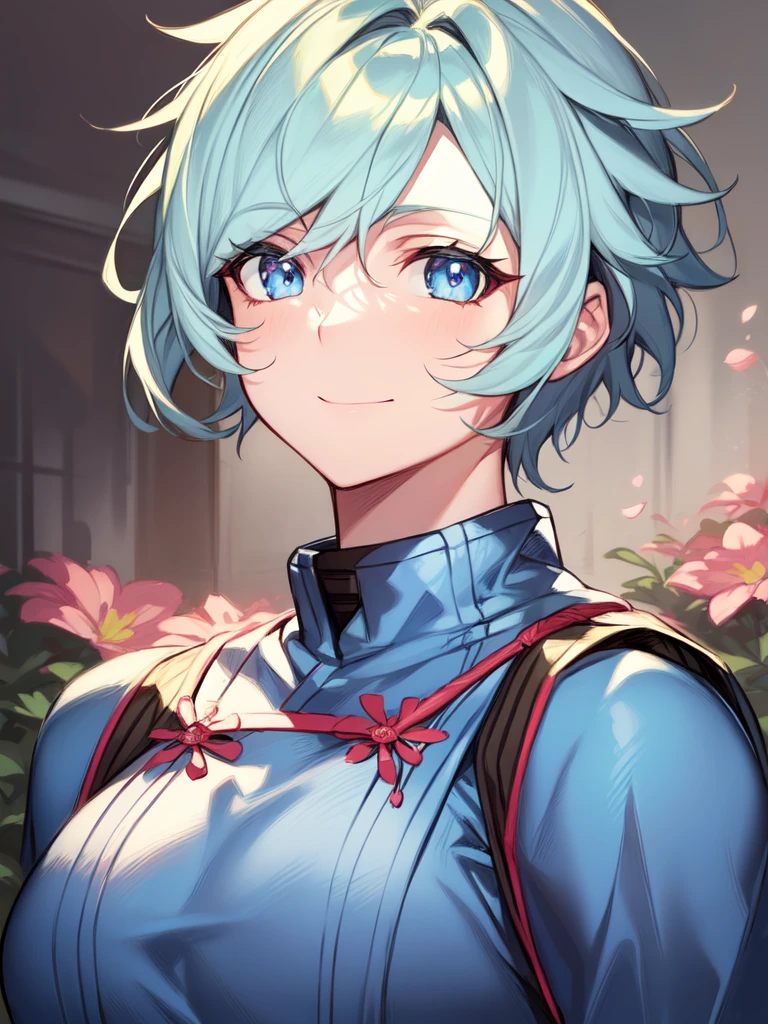 ((shinobi clothing)), ((spiked hair)), ((tomboy)), ((muscular)), ((short hair)), ((two-toned hair [white and pink])), ((light blue eyes)), ((cheerful expression)), ((light skin)), ((flowers)), ((complementary colors)), ((mature female)), 1girl, beautifully drawn, high resolution illustration, best quality, High definition, ((detailed anime sketch)), Masterpiece, (solo), absurdres, portrait, ((upper body)), detailed background, fine detail, female focus, HDR,
