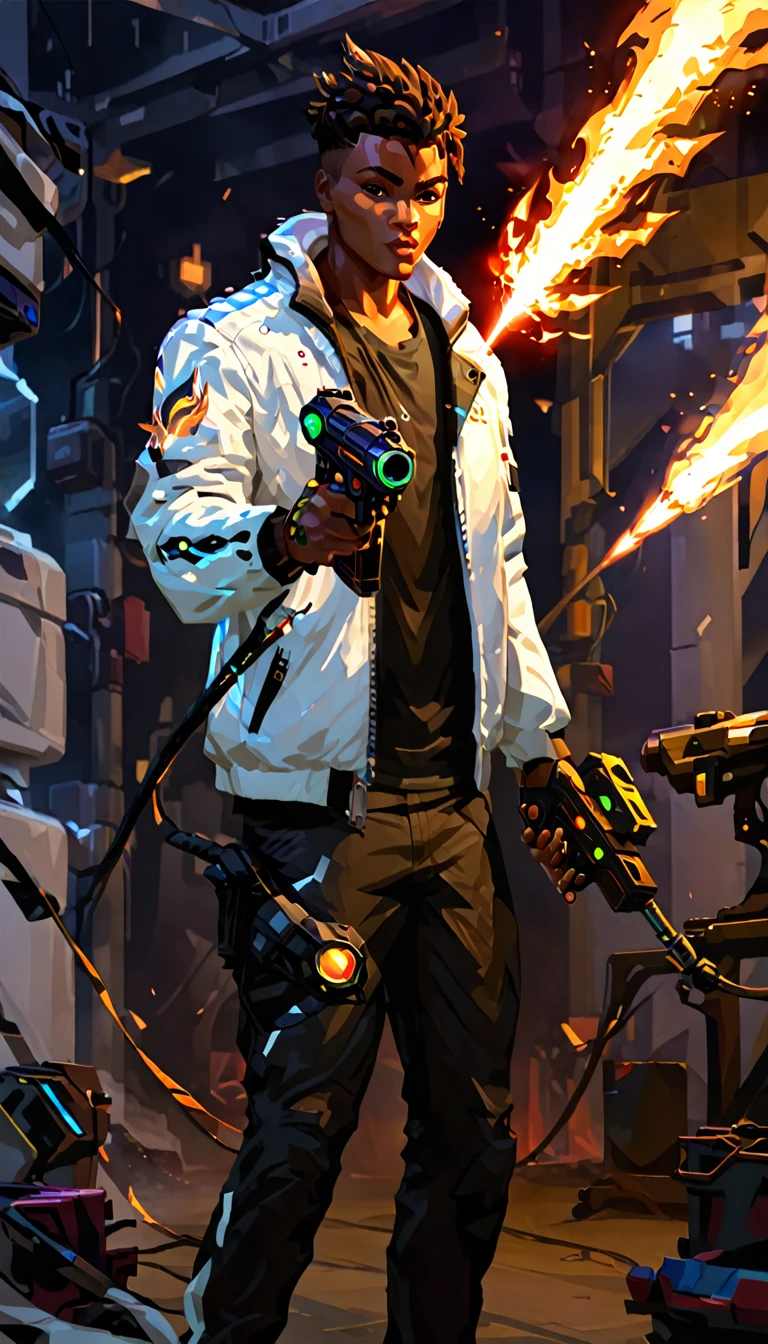 Valorant game phoenix character holding a laser gun, afrofuturism, white Jacket and black tshirt, fire on his hands, ultra quality, 8K