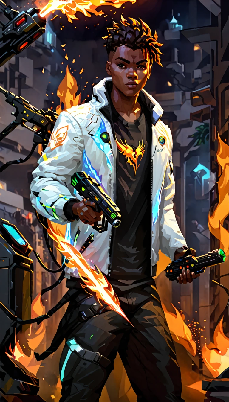 Valorant game phoenix character holding a laser gun, afrofuturism, white Jacket and black tshirt, fire on his hands, ultra quality, 8K