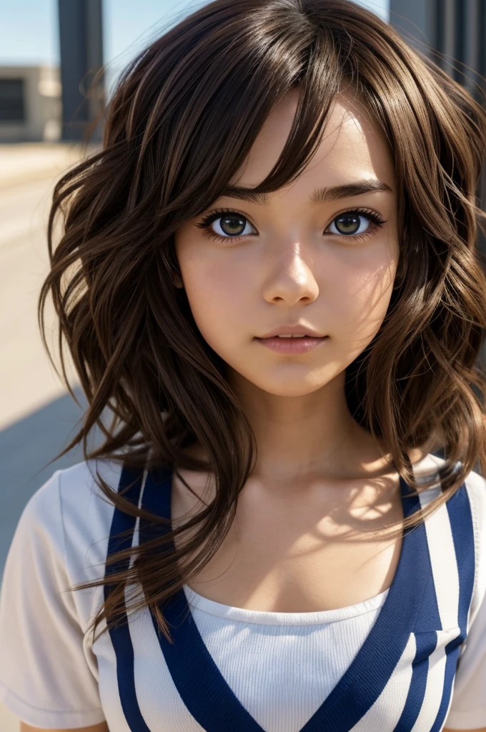 An anime girl with short wavy dark brown hair, light and soft skin, large, slanted light brown eyes with where from Boku no Hero Academia and style panel from Boku no Hero Academia